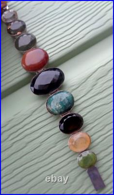 Vintage HEAVY Long Sterling Silver Bracelet Scottish Style Mixed Stones 108 gram