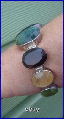 Vintage HEAVY Long Sterling Silver Bracelet Scottish Style Mixed Stones 108 gram