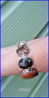 Vintage HEAVY Long Sterling Silver Bracelet Scottish Style Mixed Stones 108 gram