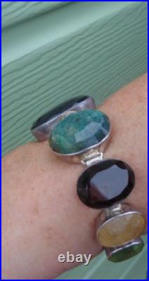 Vintage HEAVY Long Sterling Silver Bracelet Scottish Style Mixed Stones 108 gram