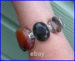 Vintage HEAVY Long Sterling Silver Bracelet Scottish Style Mixed Stones 108 gram