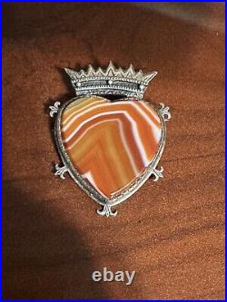 Vintage Iona Celtic Art Industry Sterling Silver Scottish Agate Heart Pin Brooch