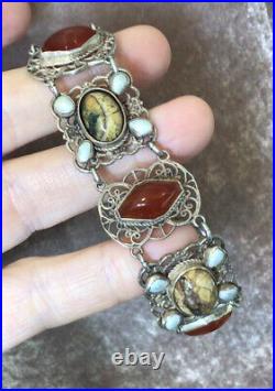 Vintage Jewellery Sterling Silver, Carnelian, Pearl & Jasper Scottish Bracelet