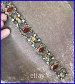 Vintage Jewellery Sterling Silver, Carnelian, Pearl & Jasper Scottish Bracelet