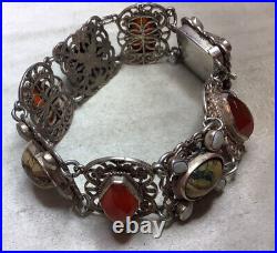 Vintage Jewellery Sterling Silver, Carnelian, Pearl & Jasper Scottish Bracelet