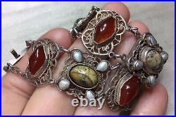 Vintage Jewellery Sterling Silver, Carnelian, Pearl & Jasper Scottish Bracelet