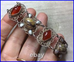 Vintage Jewellery Sterling Silver, Carnelian, Pearl & Jasper Scottish Bracelet