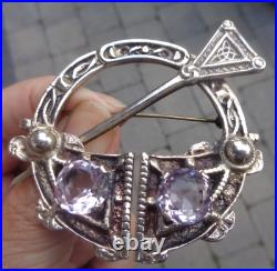 Vintage LARGE & HEAVY Sterling Silver Amethyst Scottish Celtic Brooch h/m 1960