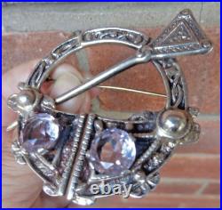 Vintage LARGE & HEAVY Sterling Silver Amethyst Scottish Celtic Brooch h/m 1960