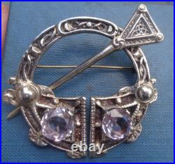 Vintage LARGE & HEAVY Sterling Silver Amethyst Scottish Celtic Brooch h/m 1960