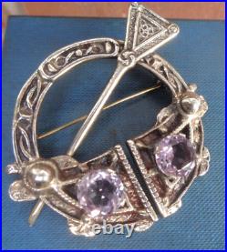 Vintage LARGE & HEAVY Sterling Silver Amethyst Scottish Celtic Brooch h/m 1960