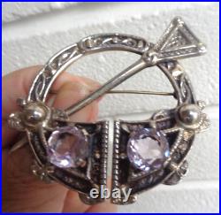 Vintage LARGE & HEAVY Sterling Silver Amethyst Scottish Celtic Brooch h/m 1960