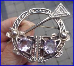 Vintage LARGE & HEAVY Sterling Silver Amethyst Scottish Celtic Brooch h/m 1960