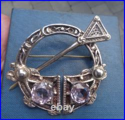 Vintage LARGE & HEAVY Sterling Silver Amethyst Scottish Celtic Brooch h/m 1960