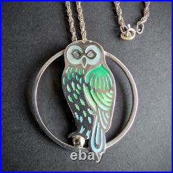 Vintage Norman Grant Scottish Silver Enamel Owl Bird Pendant