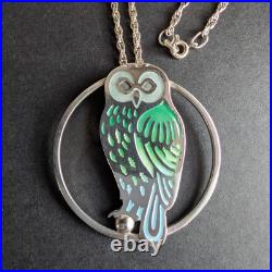 Vintage Norman Grant Scottish Silver Enamel Owl Bird Pendant