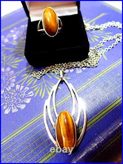 Vintage Ola Gorie Silver Pendant OMG 1970s Tigers Eye MG Ortak Ring Sterling 925