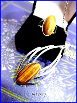 Vintage Ola Gorie Silver Pendant OMG 1970s Tigers Eye MG Ortak Ring Sterling 925