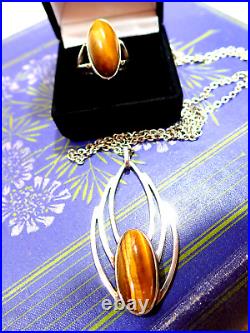 Vintage Ola Gorie Silver Pendant OMG 1970s Tigers Eye MG Ortak Ring Sterling 925