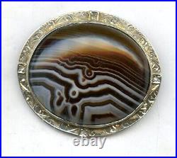 Vintage Oval Scottish Banded Agate Brooch Pin engraved Sterling Silver Bezel