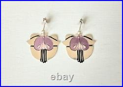 Vintage Pat Cheney Scottish Sterling Silver Enamel Drop Floral Earrings 1980s