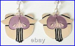 Vintage Pat Cheney Scottish Sterling Silver Enamel Drop Floral Earrings 1980s