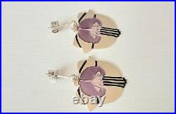 Vintage Pat Cheney Scottish Sterling Silver Enamel Drop Floral Earrings 1980s