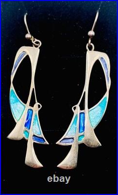 Vintage Pat Cheney for Ortak Scottish Sterling Silver and Enamel Dangle Earrings