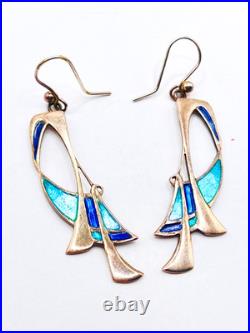 Vintage Pat Cheney for Ortak Scottish Sterling Silver and Enamel Dangle Earrings