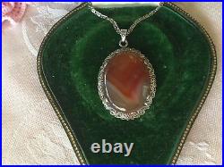 Vintage Scottish Agate Jewellery Pendant Silver Chain Necklace Antique Jewelry