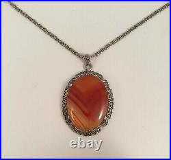 Vintage Scottish Agate Jewellery Pendant Silver Chain Necklace Antique Jewelry