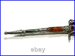 Vintage Scottish Silver Broad Sword Agate Citrine Brooch Kilt Pin