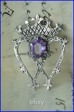 Vintage Scottish Silver Luckenbooth Brooch Amethyst Brooch Heart 1950s JC