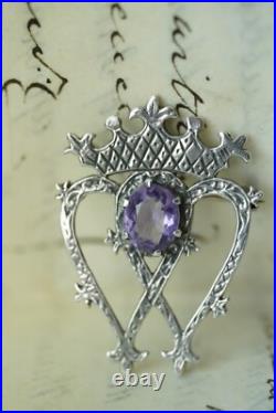 Vintage Scottish Silver Luckenbooth Brooch Amethyst Brooch Heart 1950s JC