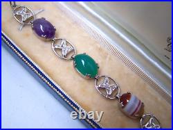 Vintage Scottish Solid Sterling Silver Moss Agate Chrysoprase 7 Celtic Bracelet