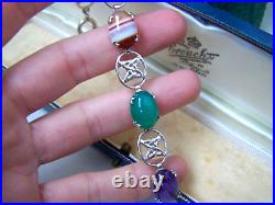 Vintage Scottish Solid Sterling Silver Moss Agate Chrysoprase 7 Celtic Bracelet