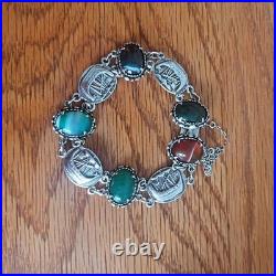 Vintage Scottish Sterling Silver Agate Bracelet. Viking Longboat Panels