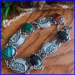 Vintage Scottish Sterling Silver Agate Bracelet. Viking Longboat Panels