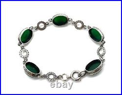 Vintage Scottish Sterling Silver Green Chrysoprase Etched Link Bracelet