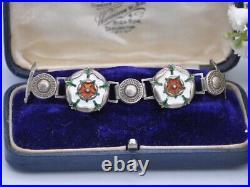 Vintage Scottish Sterling Silver Rose Enamel Panel Link Bracelet Celtic Silver