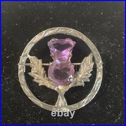 Vintage Scottish Thistle amethyst brooch Robert Allison sterling silver