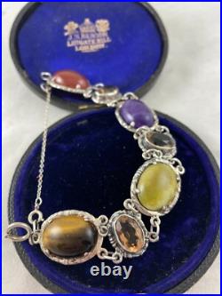 Vintage Silver Scottish Agate Stone Bracelet Citrine with safety chain 7.5