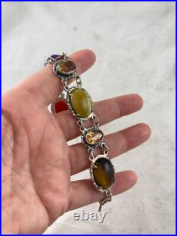 Vintage Silver Scottish Agate Stone Bracelet Citrine with safety chain 7.5