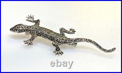 Vintage Sterling Silver Brooch Marcasite Lizard Emerald Eyes Scottish 7.29g