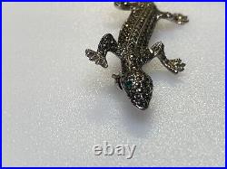 Vintage Sterling Silver Brooch Marcasite Lizard Emerald Eyes Scottish 7.29g