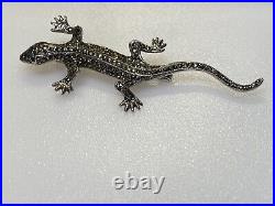 Vintage Sterling Silver Brooch Marcasite Lizard Emerald Eyes Scottish 7.29g