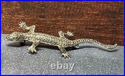 Vintage Sterling Silver Brooch Marcasite Lizard Emerald Eyes Scottish 7.29g