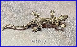 Vintage Sterling Silver Brooch Marcasite Lizard Emerald Eyes Scottish 7.29g