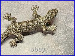 Vintage Sterling Silver Brooch Marcasite Lizard Emerald Eyes Scottish 7.29g