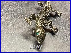 Vintage Sterling Silver Brooch Marcasite Lizard Emerald Eyes Scottish 7.29g